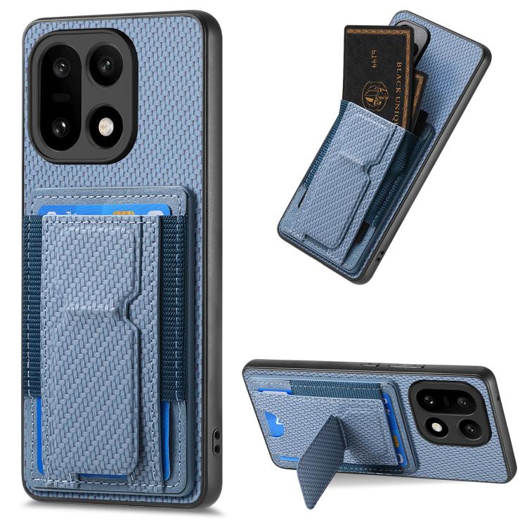 

For OnePlus 15 Carbon Fiber Fold Stand Elastic Card Bag Phone Case(Blue)