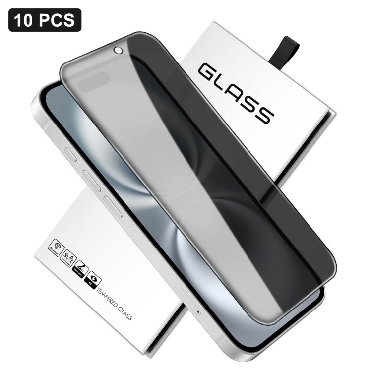 For iPhone 16 Plus 10pcs 360-Degree Privacy Silk-Screen Print Large Curved Edge High-Aluminium Tempered Glass Film