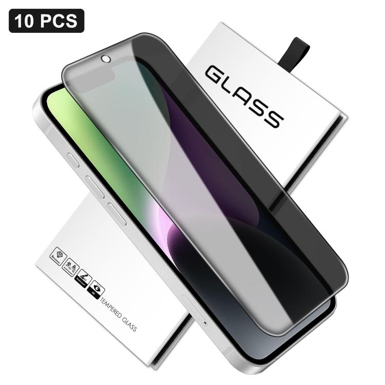 For iPhone 14 10pcs 360-Degree Privacy Silk-Screen Print Large Curved Edge High-Aluminium Tempered Glass Film