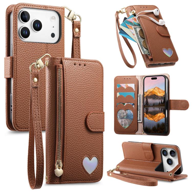 

For iPhone 17 Pro Max Fantasy Love Heart Zipper Wallet Vegan Leather Phone Case with Strap(Brown)