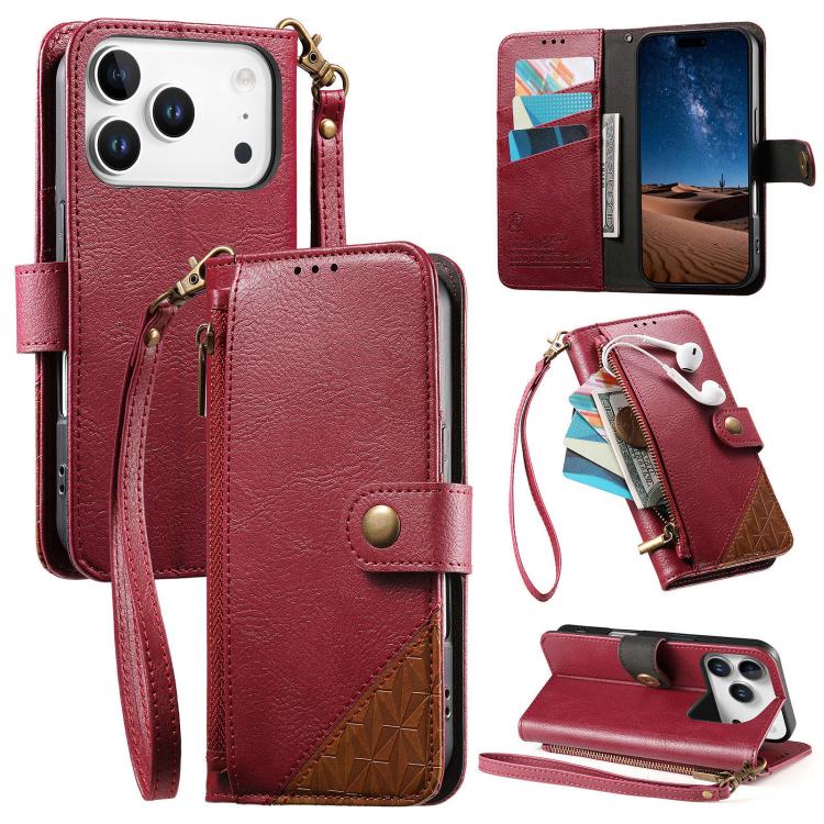 

For iPhone 17 Pro Max Splicing Zipper Wallet Vegan Leather Phone Case with Strap(Red)