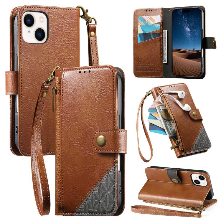 

For iPhone 15 Plus Splicing Zipper Wallet Vegan Leather Phone Case with Strap(Brown)