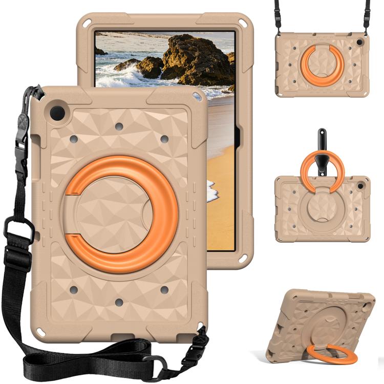

For Samsung Galaxy Tab A11+ / A9+ Magic Ring Rotation Holder Shockproof Tablet Case with Shoulder Straps(Khaki+Orang)
