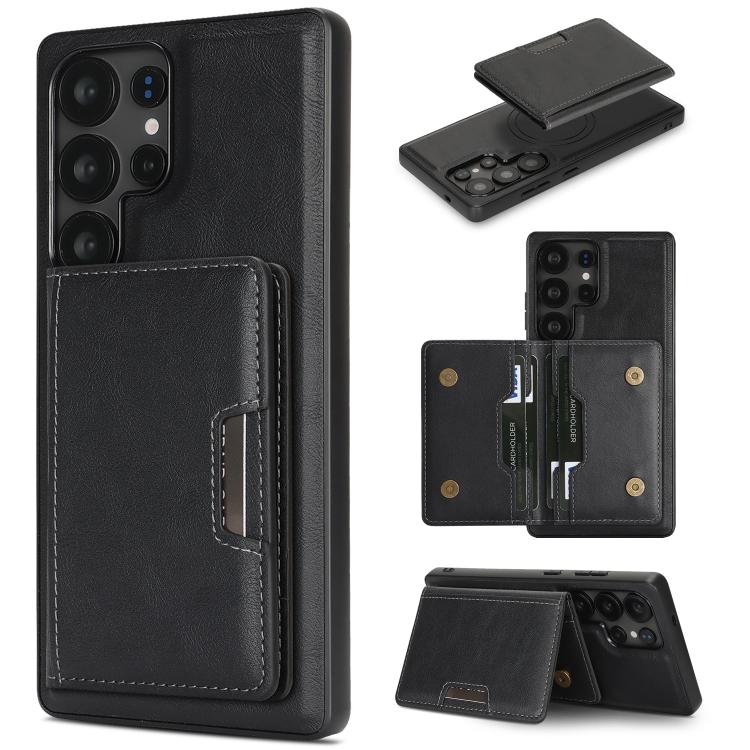 

For Samsung Galaxy S24 Ultra 5G Kalebol Strong MagSafe Magnetic Two-Fold Card Bag Leather Phone Case(Black)