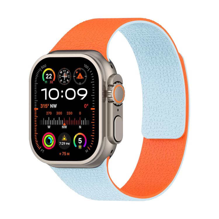 

For Apple Watch 46mm / 49mm / 45mm / 44mm Color-blocking Litchi Texture Magnetic Silicone Watch Band(Orange+Blue)