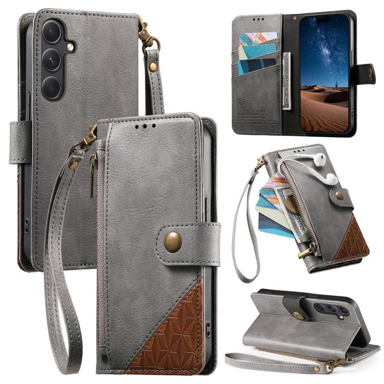 

For Samsung Galaxy S24 / S25 5G Splicing Zipper Wallet Vegan Leather Phone Case with Strap(Gray)