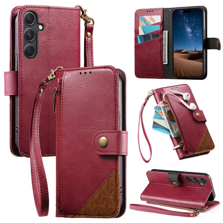 

For Samsung Galaxy S25 FE 5G Splicing Zipper Wallet Vegan Leather Phone Case with Strap(Red)