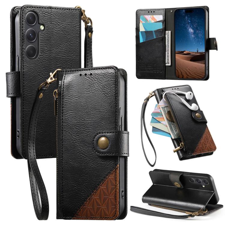 

For Samsung Galaxy S25 FE 5G Splicing Zipper Wallet Vegan Leather Phone Case with Strap(Black)