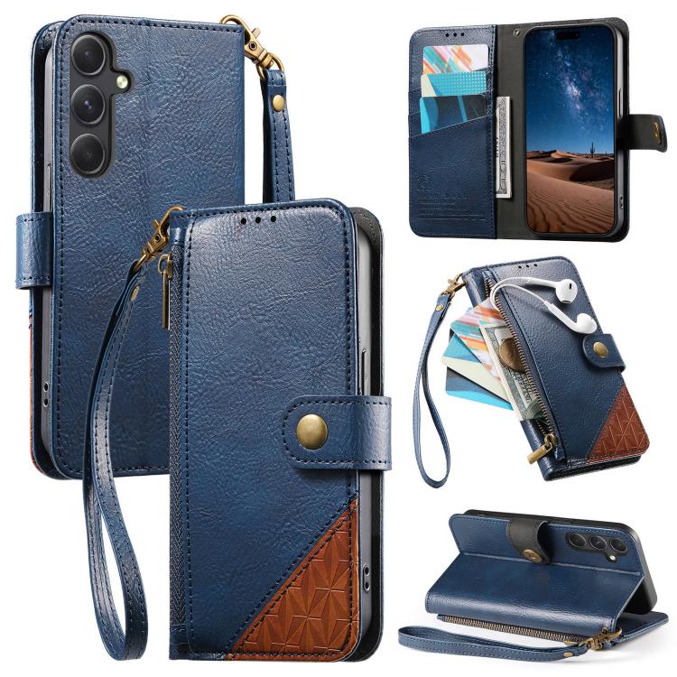 

For Samsung Galaxy S25 FE 5G Splicing Zipper Wallet Vegan Leather Phone Case with Strap(Blue)
