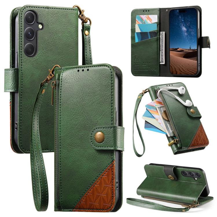 

For Samsung Galaxy S23 FE 5G Splicing Zipper Wallet Vegan Leather Phone Case with Strap(Green)