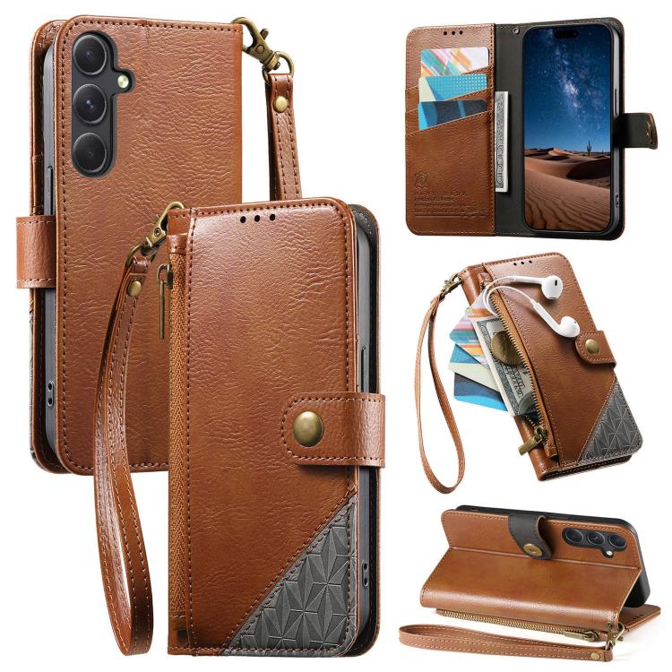 

For Samsung Galaxy S22+ 5G Splicing Zipper Wallet Vegan Leather Phone Case with Strap(Brown)