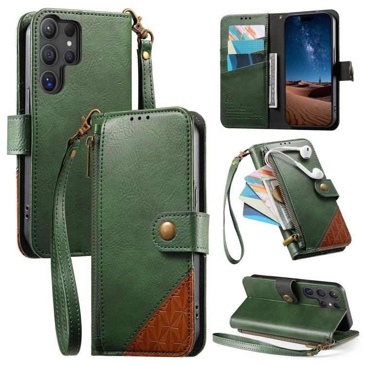 

For Samsung Galaxy S22 Ultra 5G Splicing Zipper Wallet Vegan Leather Phone Case with Strap(Green)