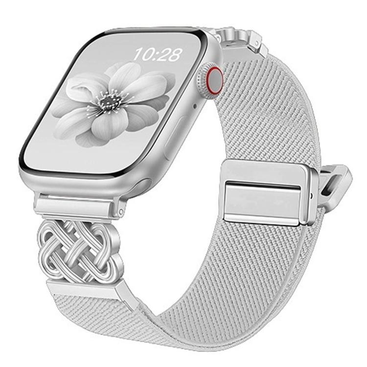 For Apple Watch 49mm / 46mm / 45mm / 44mm Chinese Knot Magnetic Buckle Twill Stretch Nylon Watch Band(White)