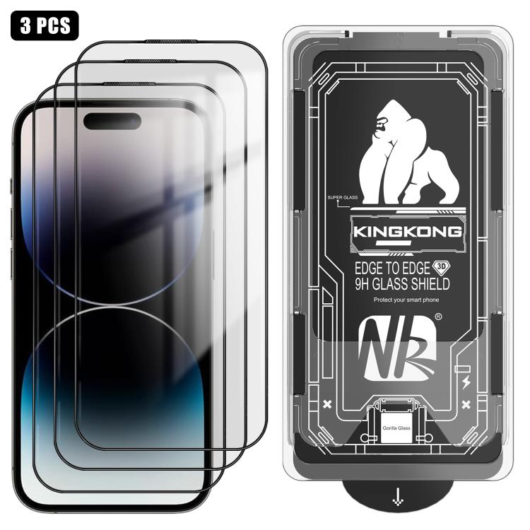 For iPhone 14 Pro 3pcs Easy Install Box Dust-Free 3D Curved Edge HD Electroplated Explosion-Proof Tempered Glass Film