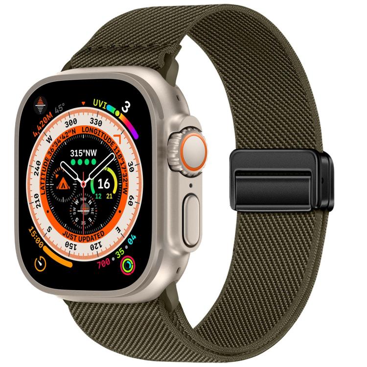 

For Apple Watch 49mm / 46mm / 45mm / 44mm Double Magnetic Buckle Elastic Nylon Watch Band(Dark Olive Green)