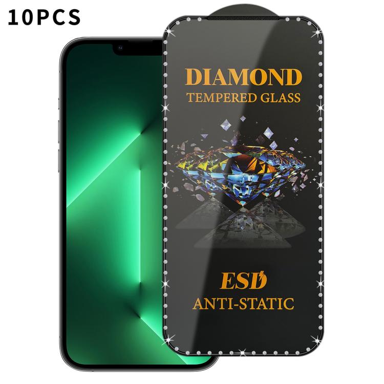 

For iPhone 13 Pro Max 10pcs Full-Screen Diamond-Studded Silkscreen High-Definition Anti-Static Tempered Glass Film