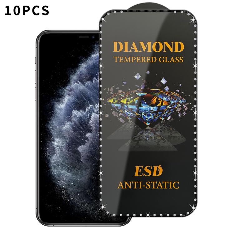 

For iPhone 11 Pro Max 10pcs Full-Screen Diamond-Studded Silkscreen High-Definition Anti-Static Tempered Glass Film