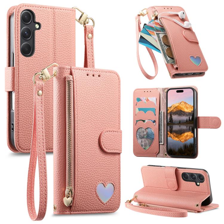 

For Samsung Galaxy S25 FE 5G Fantasy Love Heart Zipper Wallet Vegan Leather Phone Case with Strap(Pink)