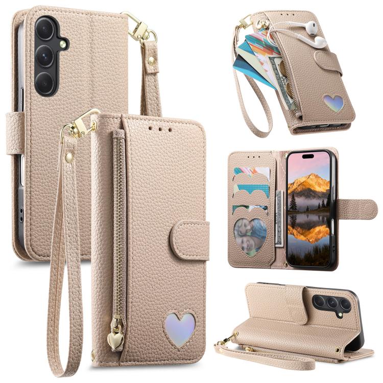 

For Samsung Galaxy S24 FE 5G Fantasy Love Heart Zipper Wallet Vegan Leather Phone Case with Strap(Beige)