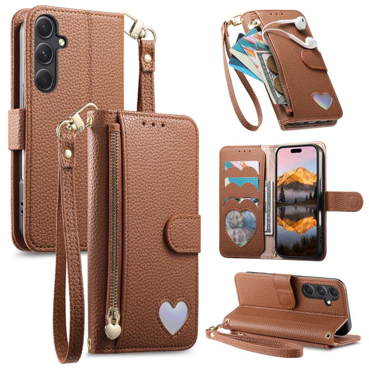 

For Samsung Galaxy S23 FE 5G Fantasy Love Heart Zipper Wallet Vegan Leather Phone Case with Strap(Brown)