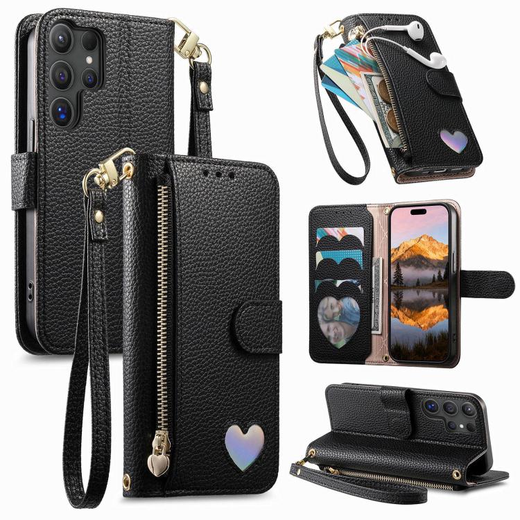

For Samsung Galaxy S23 Ultra 5G Fantasy Love Heart Zipper Wallet Vegan Leather Phone Case with Strap(Black)