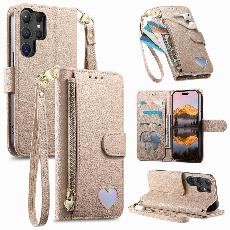

For Samsung Galaxy S22 Ultra 5G Fantasy Love Heart Zipper Wallet Vegan Leather Phone Case with Strap(Beige)