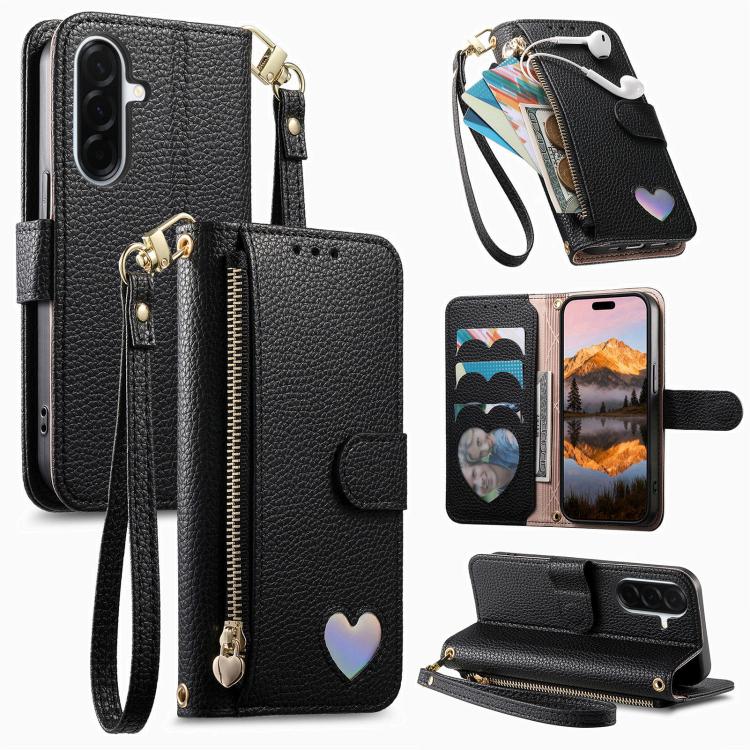 

For Samsung Galaxy S25 / S24 5G Fantasy Love Heart Zipper Wallet Vegan Leather Phone Case with Strap(Black)