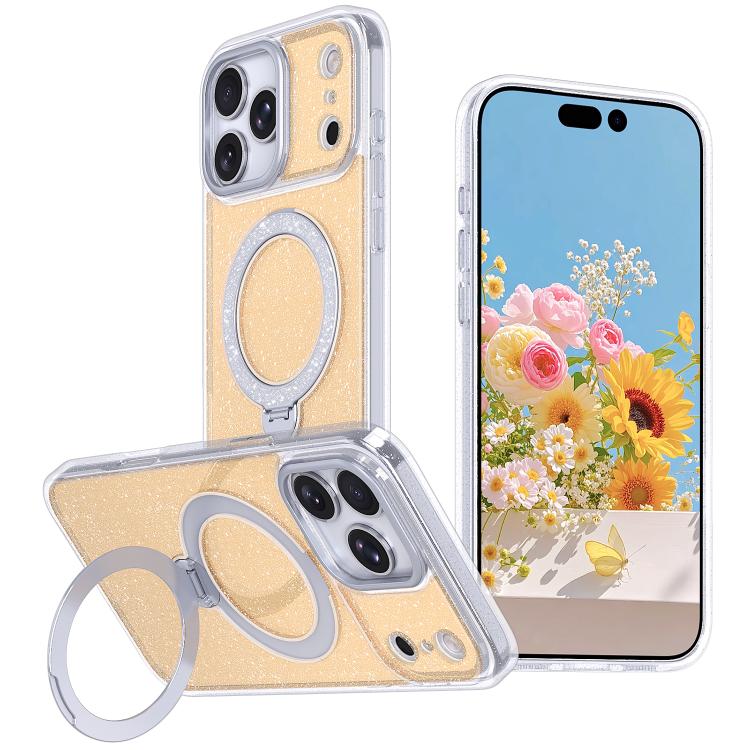 For iPhone 17 Pro Max Starry Glitter Magnetic Holder Phone Case(Orange)