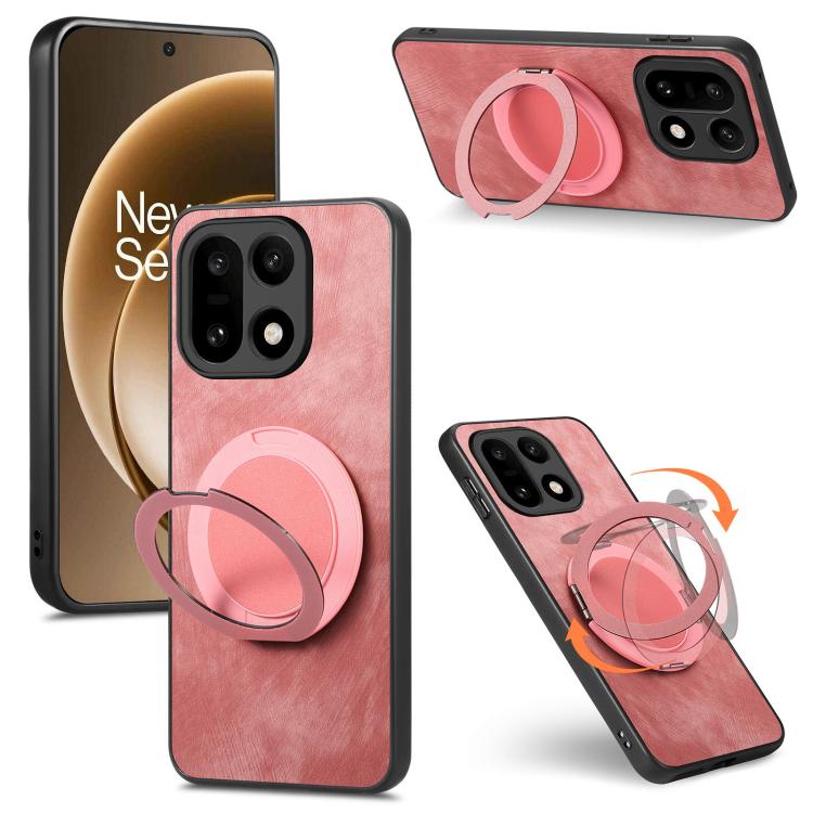 

For OnePlus 15 Retro Leather Rotation Round Holder Phone Case(Pink)