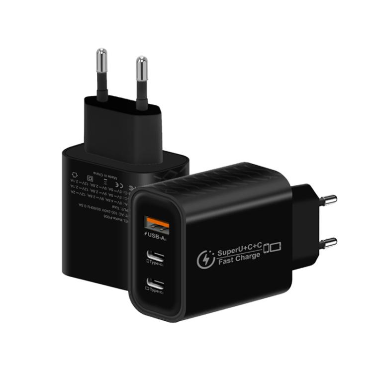 949-2C1A PD25W Type-C x 2, USB 3.0 Multi Compatible Protocol Charger, EU Plug(Black)