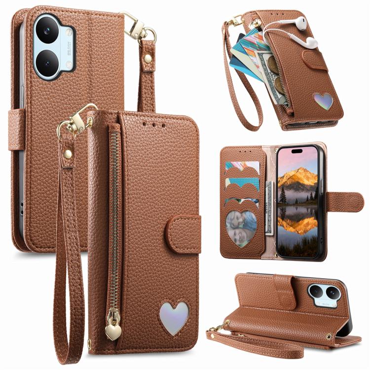 

For Xiaomi Poco X8 Pro Max 5G Fantasy Love Heart Zipper Wallet Vegan Leather Phone Case with Strap(Brown)