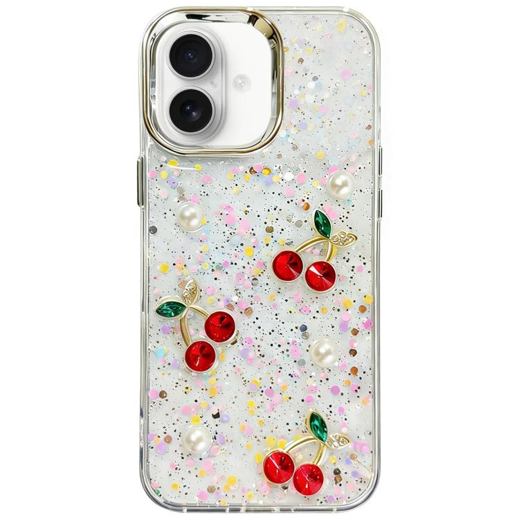

For iPhone 16 Plus Glitter 3D Cherry Epoxy Resin Phone Case(Cherry Pearl)