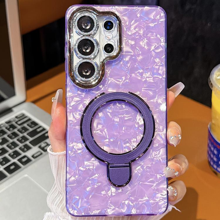 For Samsung Galaxy S26 Ultra 5G Electroplated Glitter Lens Film Texture Magnetic Metal Pivot Holder Shockproof Phone Case(Purple Shell Pattern)