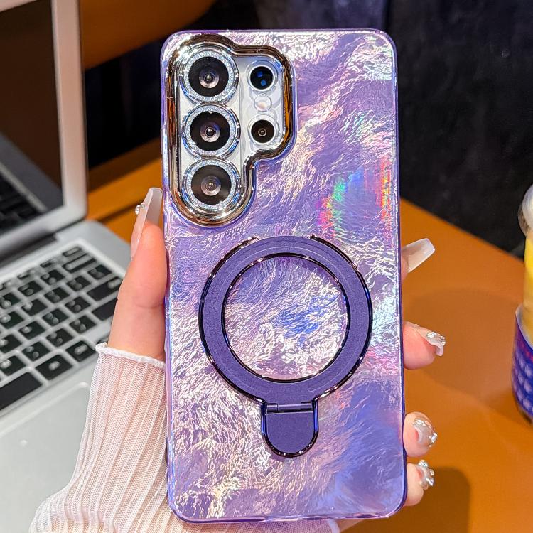

For Samsung Galaxy S26 Ultra 5G Electroplated Glitter Lens Film Texture Magnetic Metal Pivot Holder Shockproof Phone Case(Purple Foil Pattern)