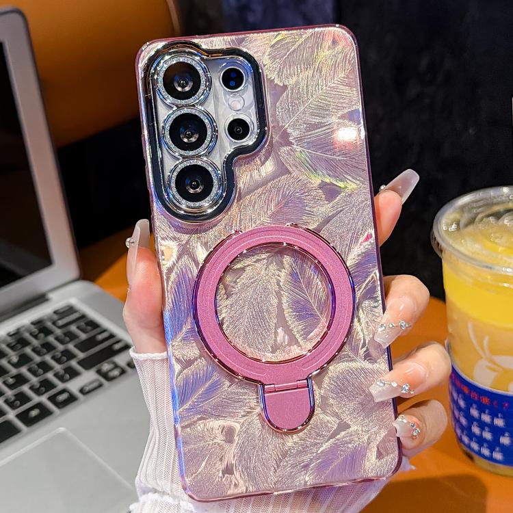 

For Samsung Galaxy S26 Ultra 5G Electroplated Glitter Lens Film Texture Magnetic Metal Pivot Holder Shockproof Phone Case(Pink Feather)