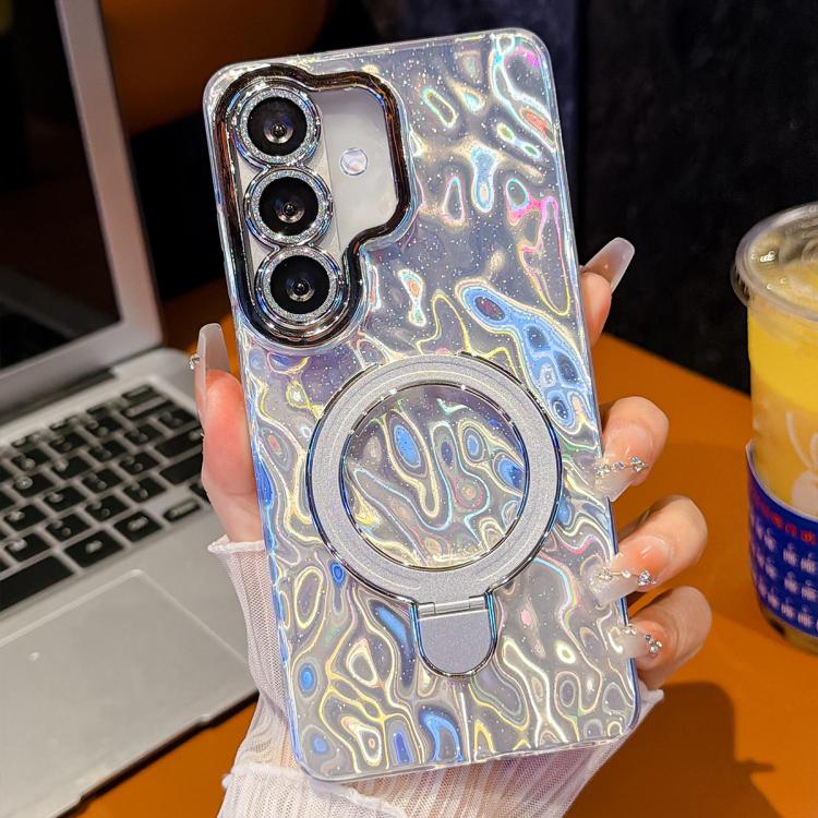

For Samsung Galaxy S25 FE 5G Electroplated Glitter Lens Film Texture Magnetic Metal Pivot Holder Shockproof Phone Case(White Pleated Pattern)