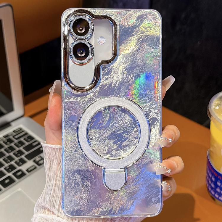 For Samsung Galaxy A07 5G Electroplated Glitter Lens Film Texture Magnetic Metal Pivot Holder Shockproof Phone Case(White Foil Pattern)