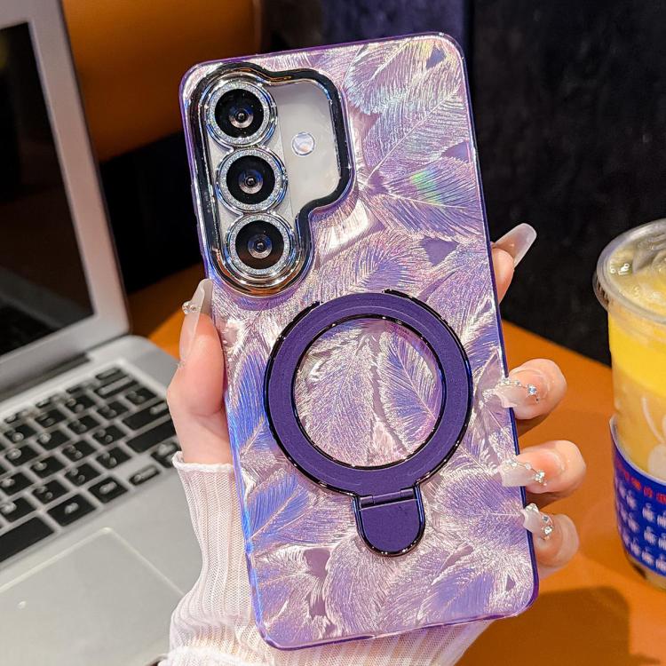 

For Samsung Galaxy A17 5G Electroplated Glitter Lens Film Texture Magnetic Metal Pivot Holder Shockproof Phone Case(Purple Feather)