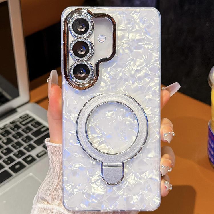 For Samsung Galaxy S25 5G Electroplated Glitter Lens Film Texture Magnetic Metal Pivot Holder Shockproof Phone Case(White Shell Pattern)