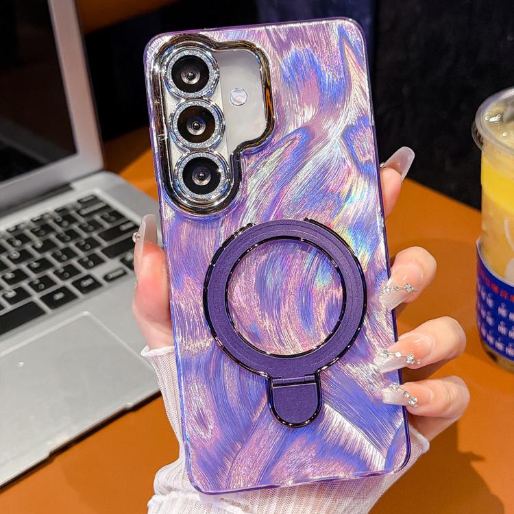 

For Samsung Galaxy S25 5G Electroplated Glitter Lens Film Texture Magnetic Metal Pivot Holder Shockproof Phone Case(Purple Feather Yarn)