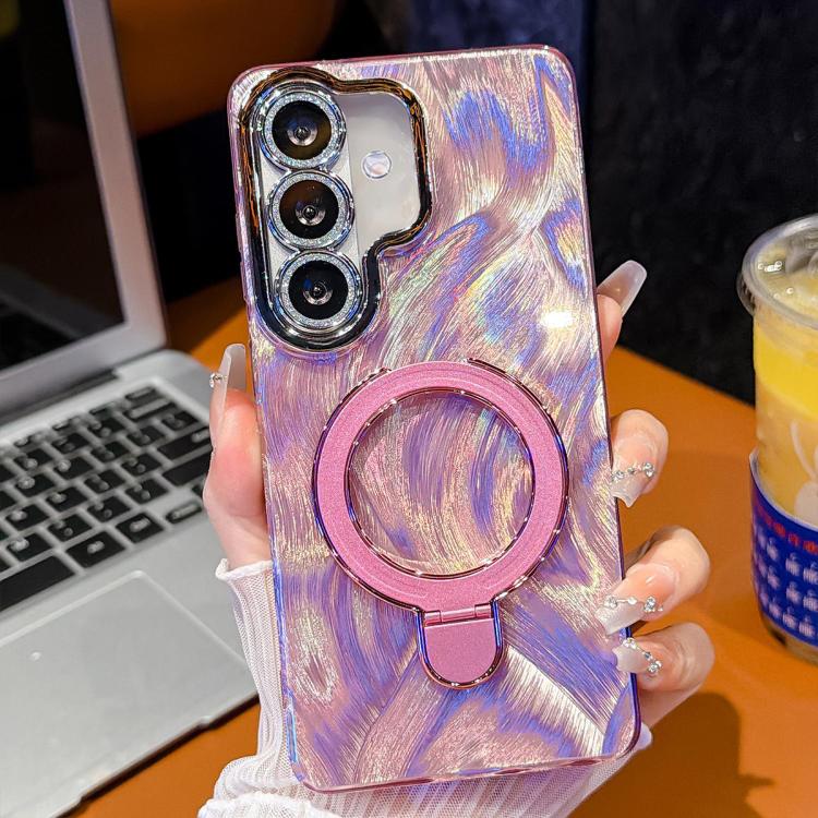 For Samsung Galaxy S25+ 5G Electroplated Glitter Lens Film Texture Magnetic Metal Pivot Holder Shockproof Phone Case(Pink Feather Yarn)