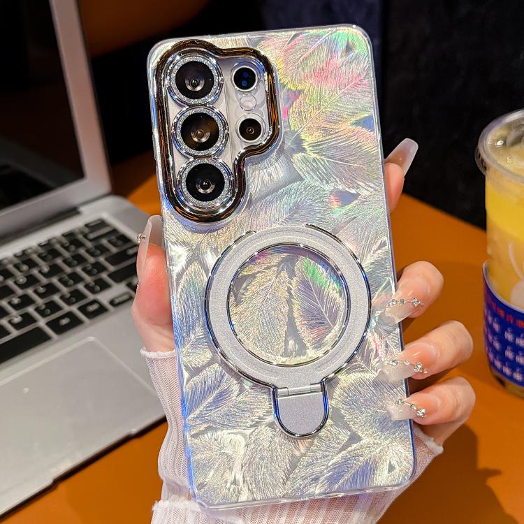 

For Samsung Galaxy S24 Ultra 5G Electroplated Glitter Lens Film Texture Magnetic Metal Pivot Holder Shockproof Phone Case(White Feather)