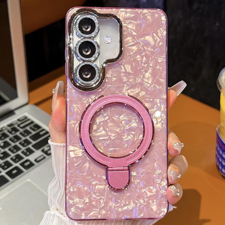For Samsung Galaxy S24+ 5G Electroplated Glitter Lens Film Texture Magnetic Metal Pivot Holder Shockproof Phone Case(Pink Shell Pattern)