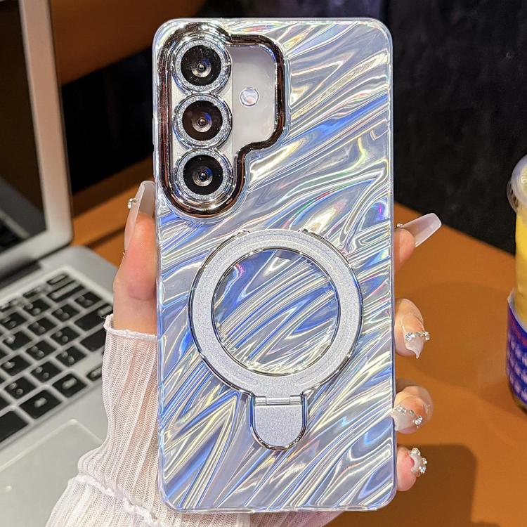 For Samsung Galaxy S24+ 5G Electroplated Glitter Lens Film Texture Magnetic Metal Pivot Holder Shockproof Phone Case(White Water Ripples)