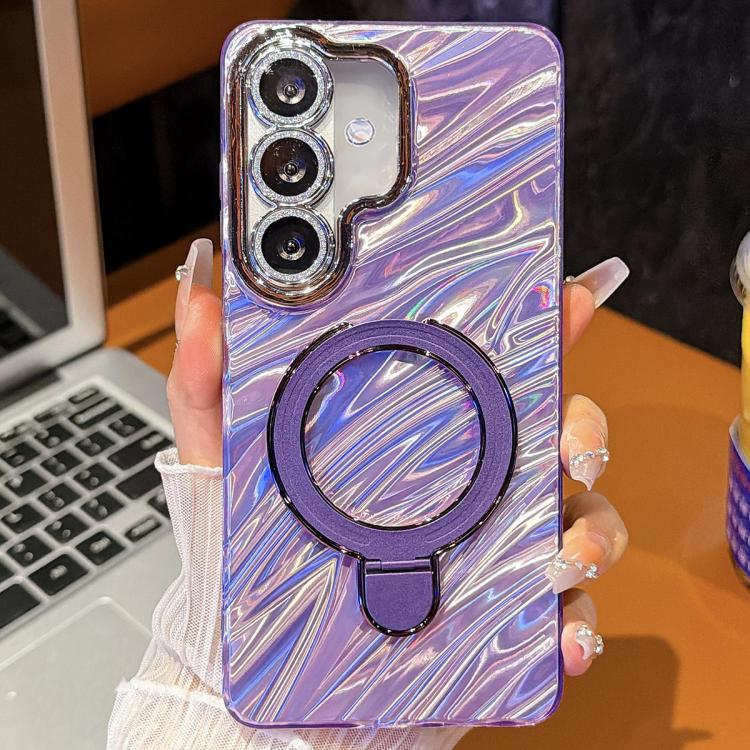 

For Samsung Galaxy S24+ 5G Electroplated Glitter Lens Film Texture Magnetic Metal Pivot Holder Shockproof Phone Case(Purple Water Ripples)