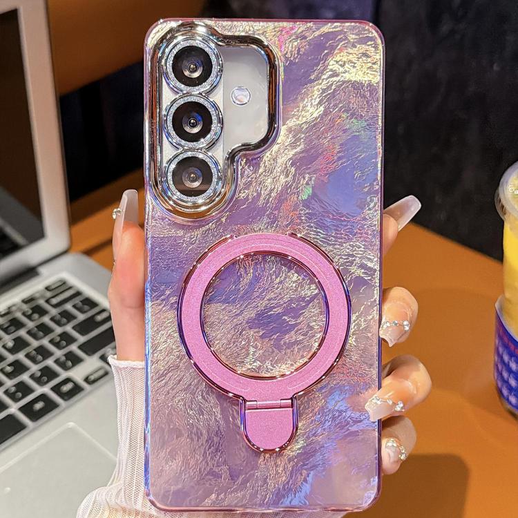 For Samsung Galaxy S24 5G Electroplated Glitter Lens Film Texture Magnetic Metal Pivot Holder Shockproof Phone Case(Pink Foil Pattern)