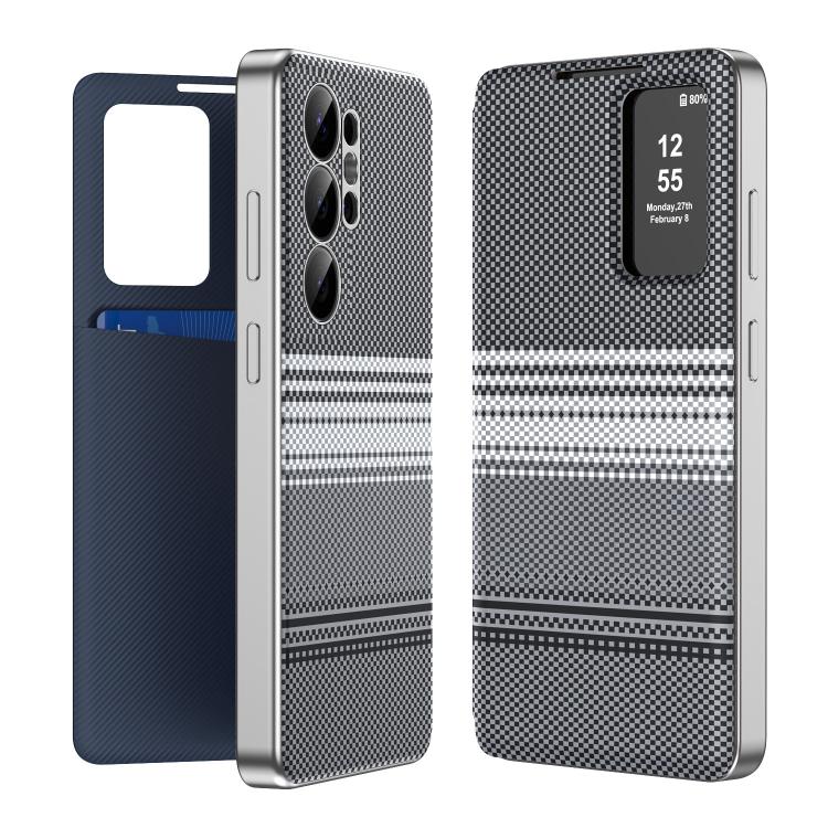 

For Samsung Galaxy S25 Ultra 5G Rainbow Plaid Pattern Smart View Vegan Leather Phone Case(Black)