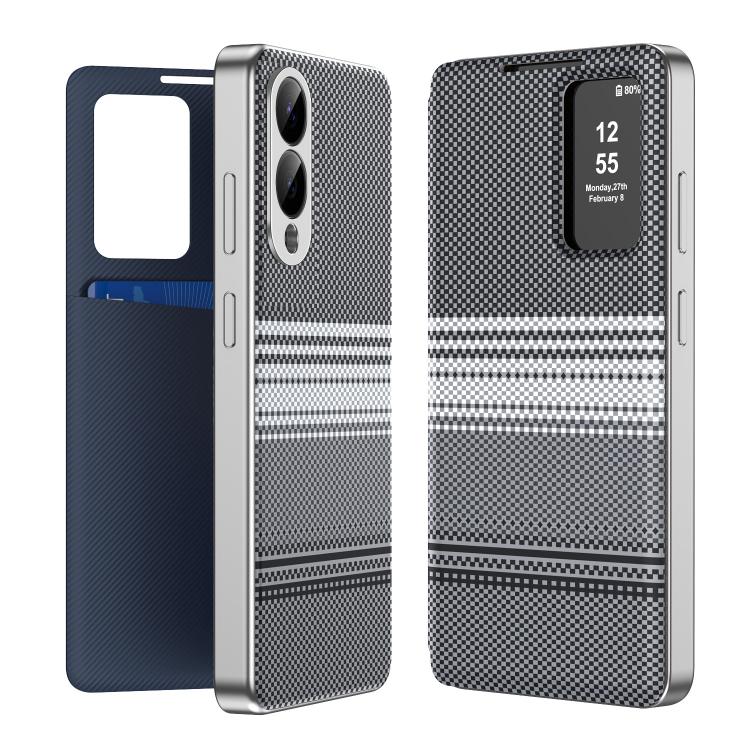 For Samsung Galaxy S25 Edge 5G Rainbow Plaid Pattern Smart View Vegan Leather Phone Case(Black)