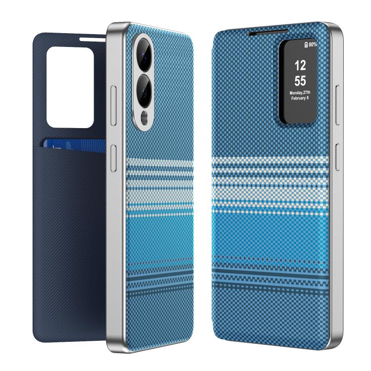 

For Samsung Galaxy S25 Edge 5G Rainbow Plaid Pattern Smart View Vegan Leather Phone Case(Blue)
