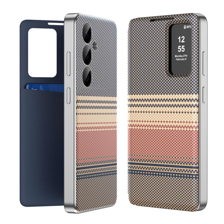 For Samsung Galaxy S25+ 5G Rainbow Plaid Pattern Smart View Vegan Leather Phone Case(Brown)